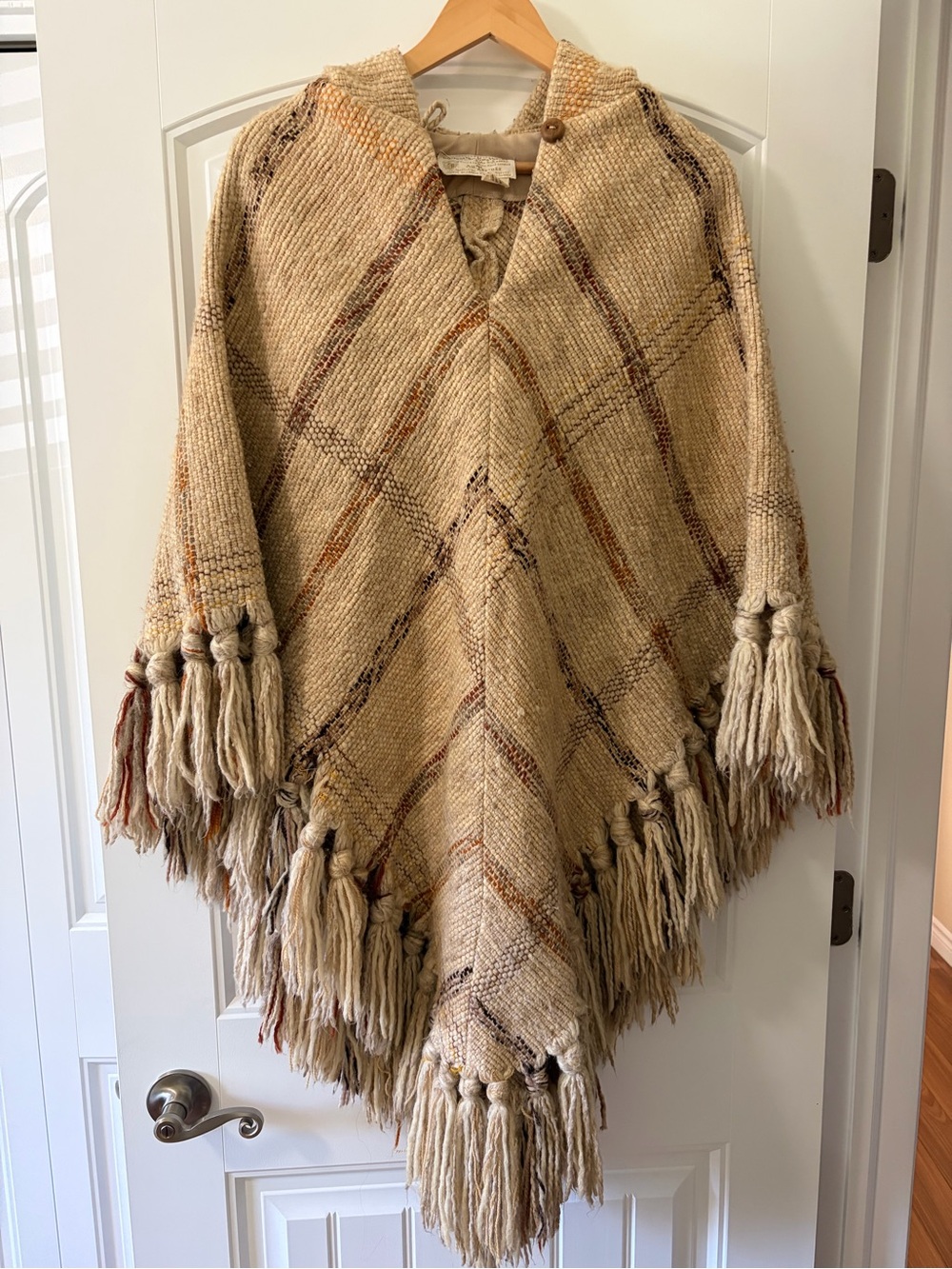 Vintage Hand Loomed 50-60’s Wool Blend Hooded Poncho